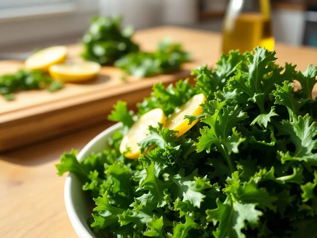 Świeża sałatka z surowego jarmużu z cytryną i oliwą na kuchennym stole, podkreślająca zdrowe jedzenie na surowo.