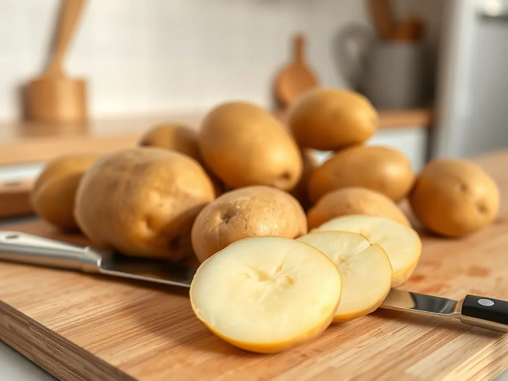 Surowe, nieobrane ziemniaki na desce z nożem, ilustrujące temat jedzenia ziemniaków na surowo i wpływ na zdrowie.