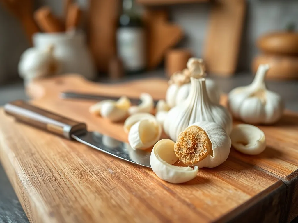 Obrane ząbki czosnku na drewnianej desce z nożem, przygotowane do jedzenia na surowo w domowej kuchni.