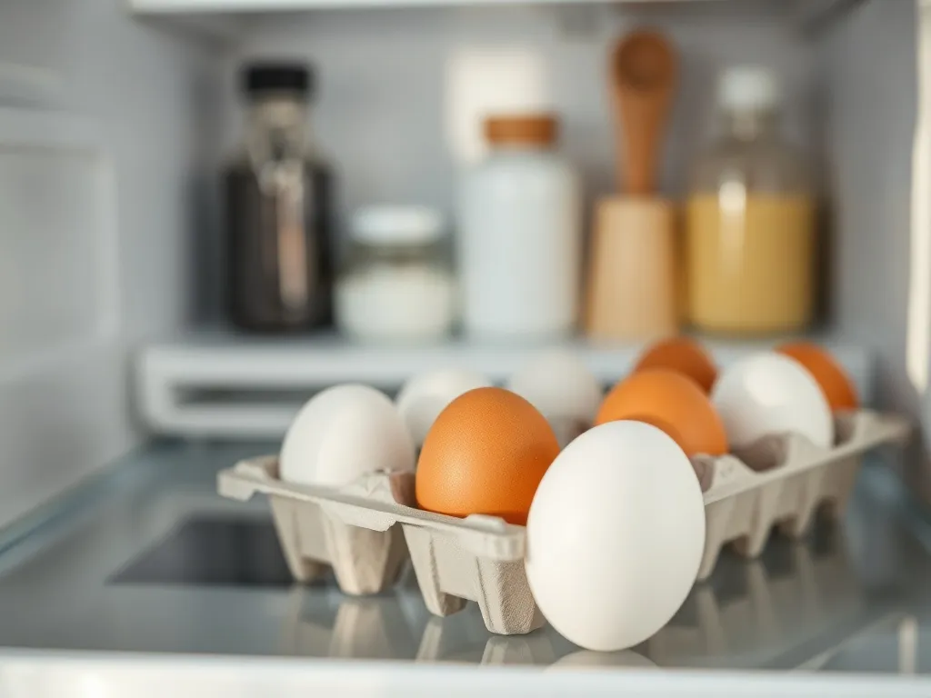Świeże białe i brązowe jajka w wytłoczce na półce lodówki, podkreślona ich świeżość i prawidłowe przechowywanie