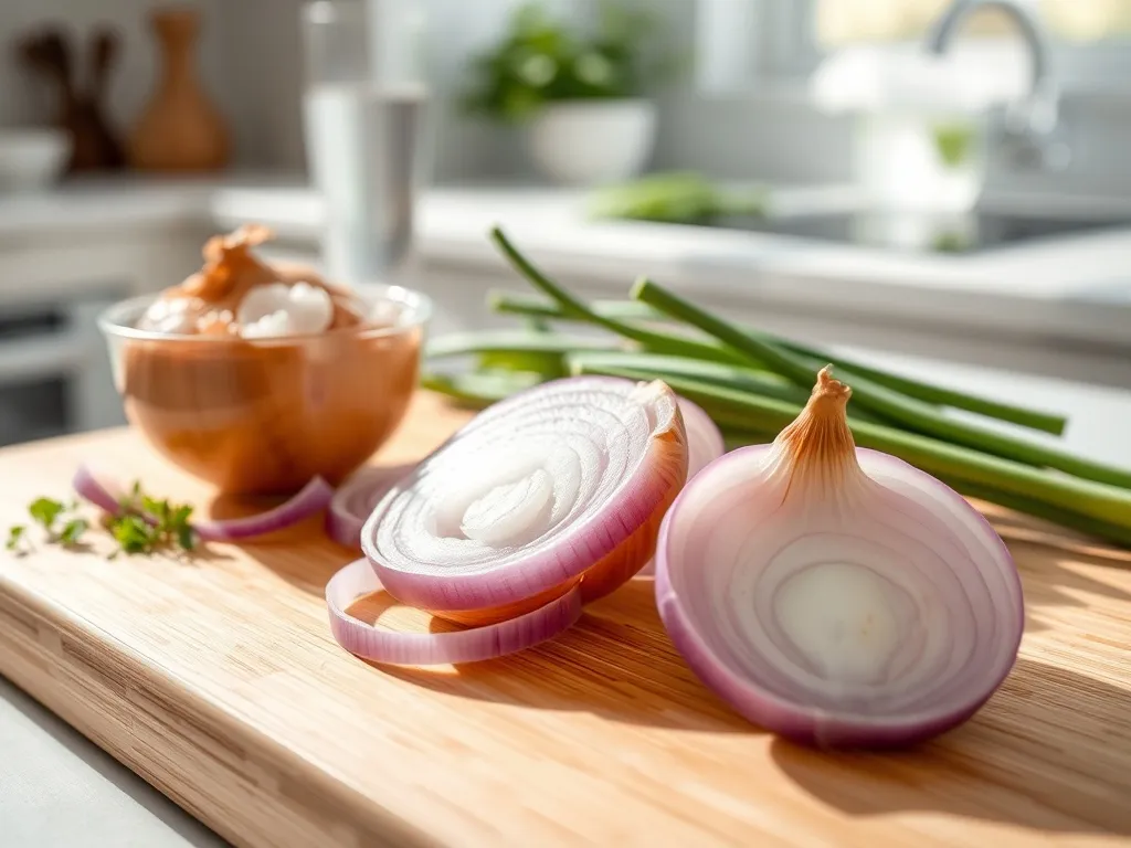 Świeże plastry surowej cebuli na desce w jasnej kuchni, podkreślające jej zdrowotne korzyści i zastosowanie w diecie.
