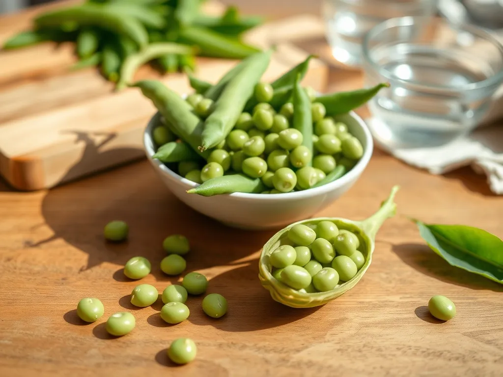 Świeży bób w miseczce i strąkach na drewnianym blacie, podkreślający temat jedzenia bobu na surowo i jego świeżości.