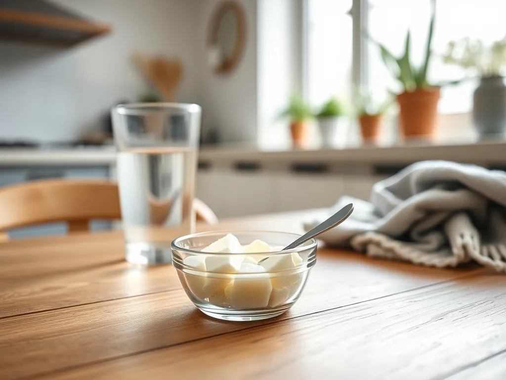 Świeże kostki drożdży w miseczce obok szklanki wody na kuchennym blacie, ilustracja tematu jedzenia surowych drożdży.