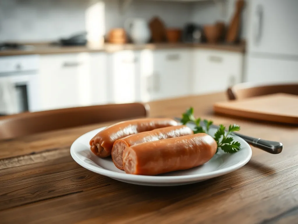 Surowe parówki na białym talerzu na kuchennym blacie, ilustrujące pytanie, czy frankfurterki można jeść bez gotowania.