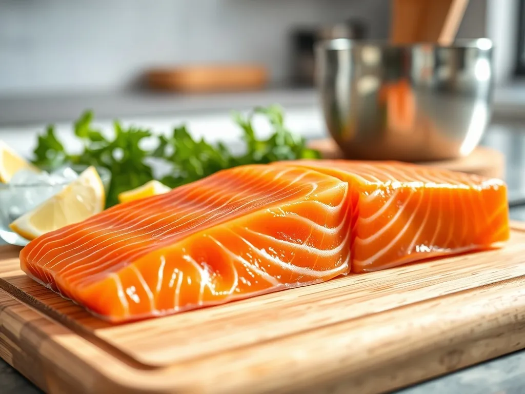Świeży surowy filet z łososia na desce z kostkami lodu i cytryną, podkreślający świeżość i bezpieczne przygotowanie ryby.