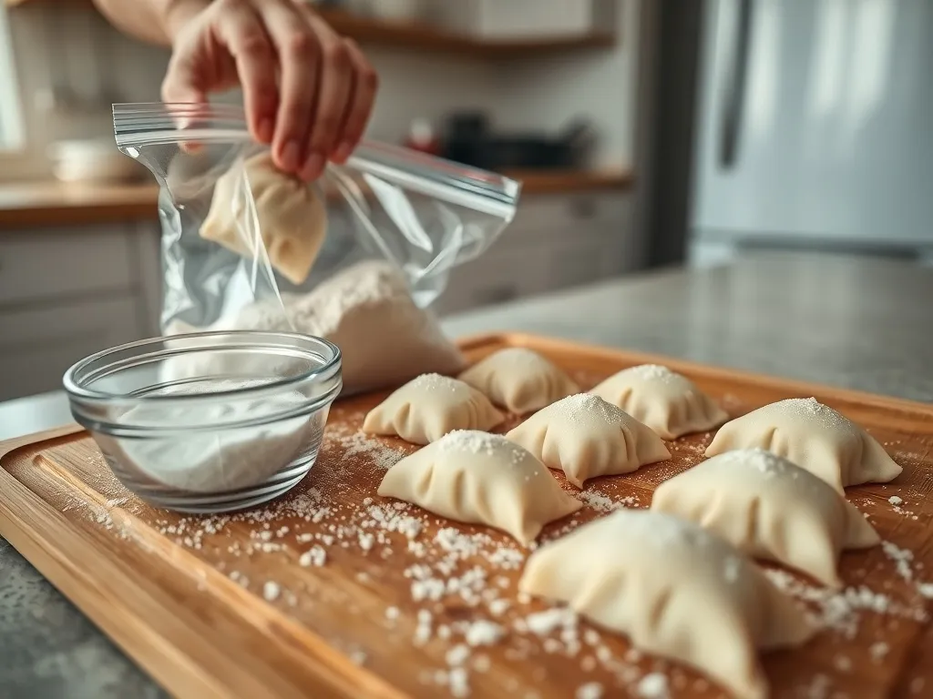 Surowe pierogi na desce i ręka wkładająca je do woreczka do mrożenia, w tle otwarte drzwi zamrażarki