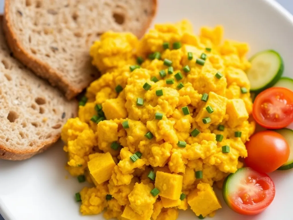 Jajecznica z tofu z kurkumą na białym talerzu, podana z pieczywem pełnoziarnistym, pomidorkami koktajlowymi i ogórkiem