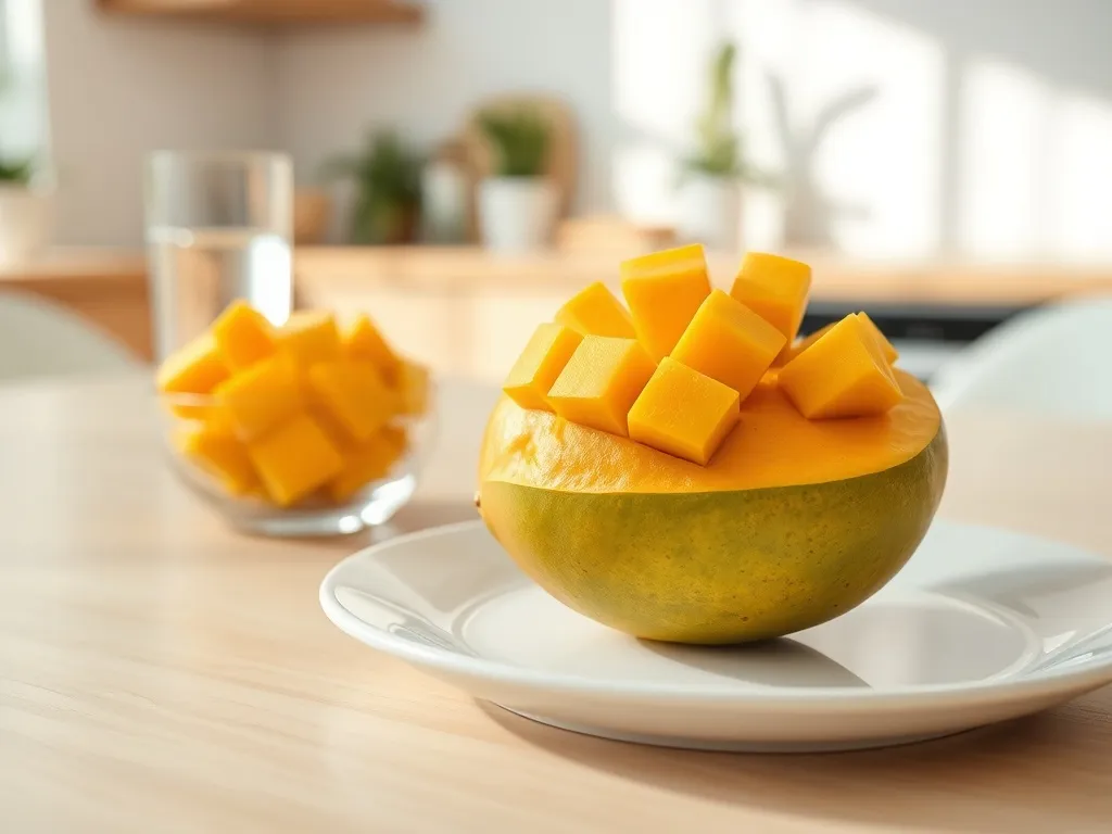 Dojrzałe kawałki mango na talerzu i w miseczce, przedstawione jako zdrowa, naturalna przekąska a la fit, o jasnym stylu.