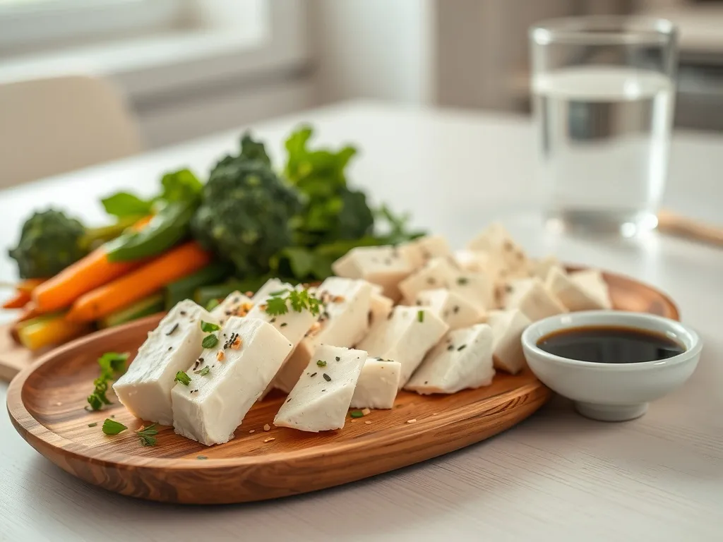 Kostki tofu z sezamem i ziołami na talerzu obok sosu sojowego, w tle warzywa – zdrowy, lekki posiłek roślinny.
