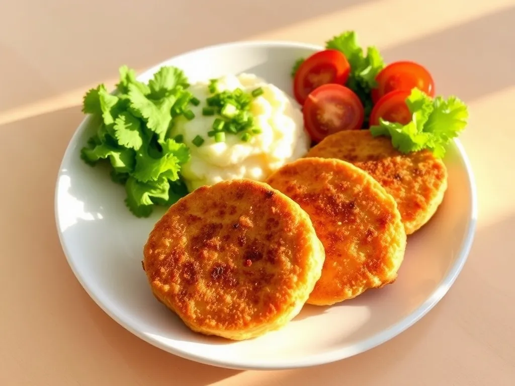 Złociste kotlety z tofu z puree ziemniaczanym, sałatą i pomidorami, apetycznie podane w naturalnym świetle.