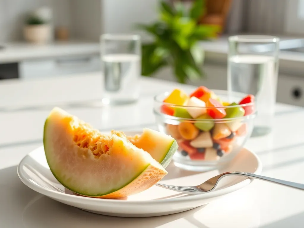 Plaster melona na talerzu obok miseczki kolorowych owoców, w jasnej kuchni, podkreślający zdrową, lekką przekąskę.