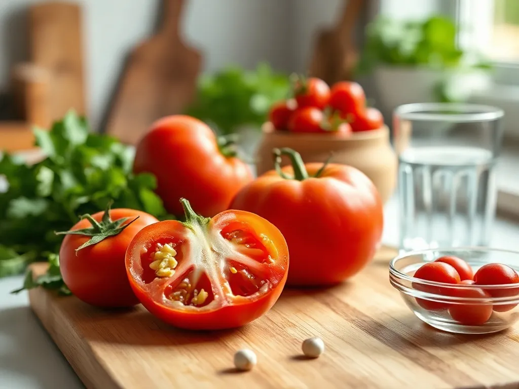 Dojrzałe pomidory na desce w jasnej kuchni, podkreślające ich świeżość, niską kaloryczność i korzyści dla zdrowia.