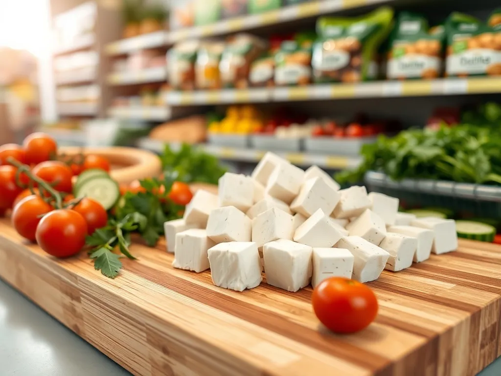 Pokrojone w kostkę tofu na desce z warzywami w tle półek sklepowych z produktami roślinnymi, świeży i nowoczesny kadr.