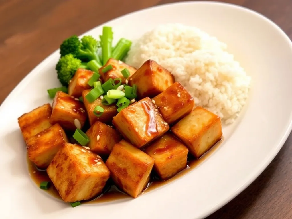 Talerz z chrupiącym tofu w sosie sojowo-czosnkowym, podany z ryżem i zielonym brokułem jako prosta propozycja obiadu.