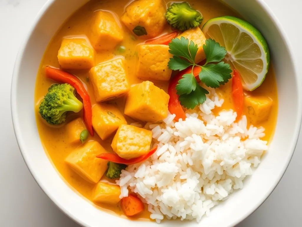Miseczka curry z tofu z warzywami, ryżem basmati i kolendrą, podana z cząstką limonki jako propozycja podania dania.