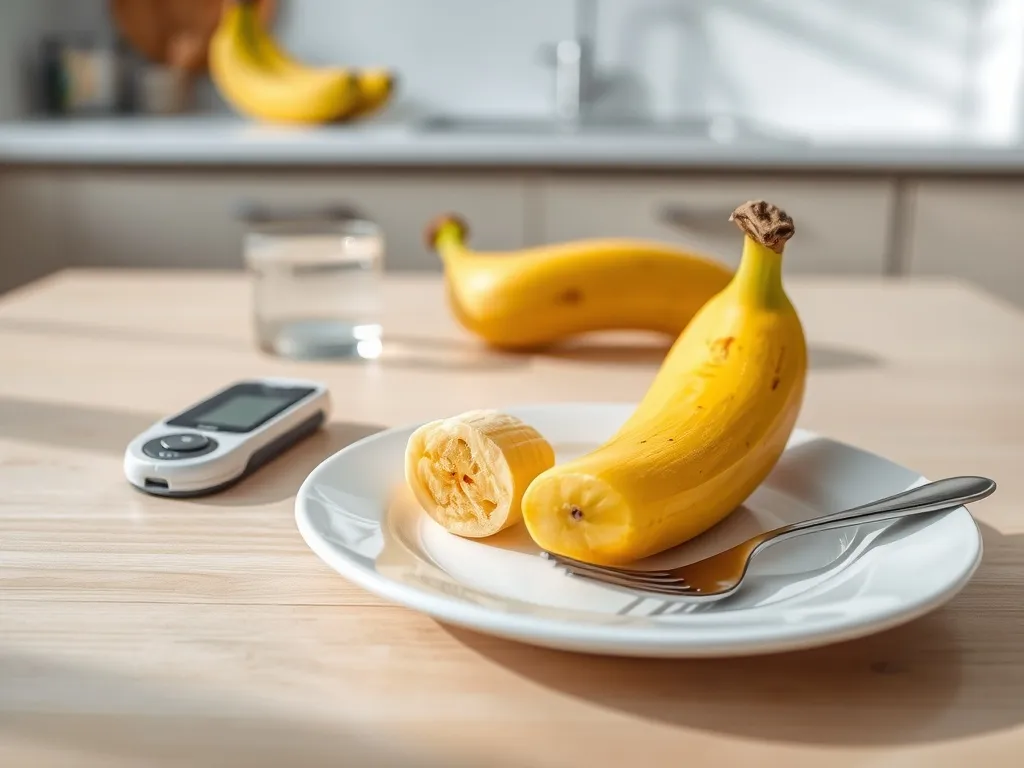Pokrojony banan na talerzu obok glukometru, symbolizujący wpływ banana na poziom cukru we krwi.