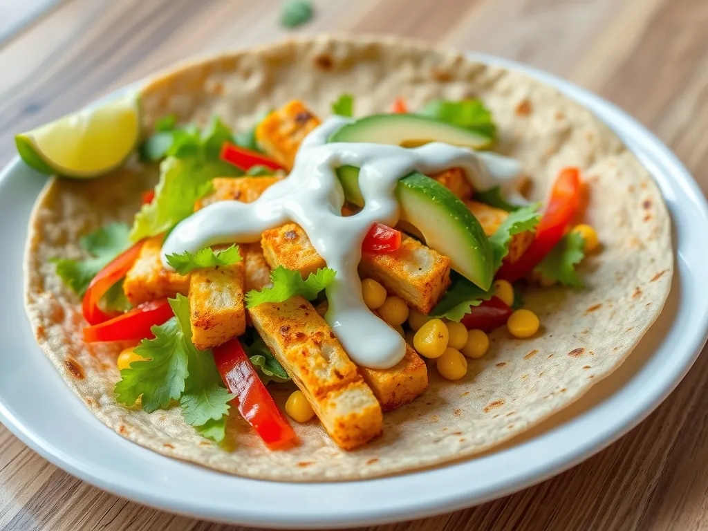 Tortilla z tofu z sałatą, papryką, kukurydzą i awokado, polana sosem, podana z limonką i kolendrą jako kolorowe danie wege.
