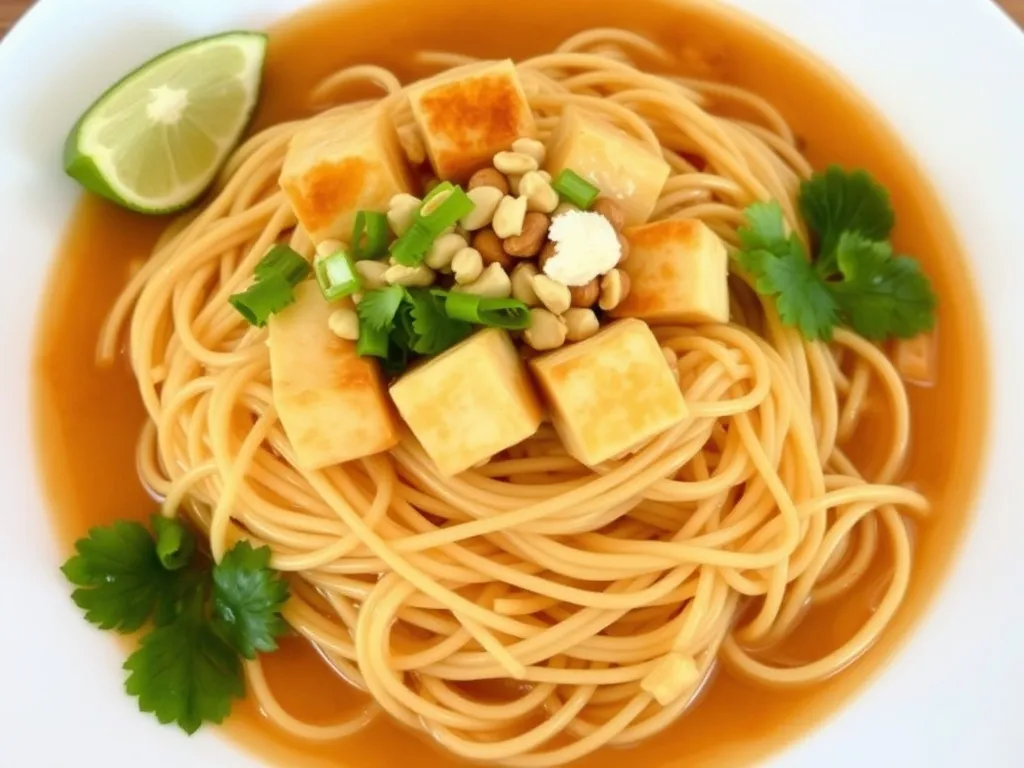 Pad thai z tofu na białym talerzu z orzeszkami, kiełkami, limonką i ziołami, gotowy do podania jako danie główne.