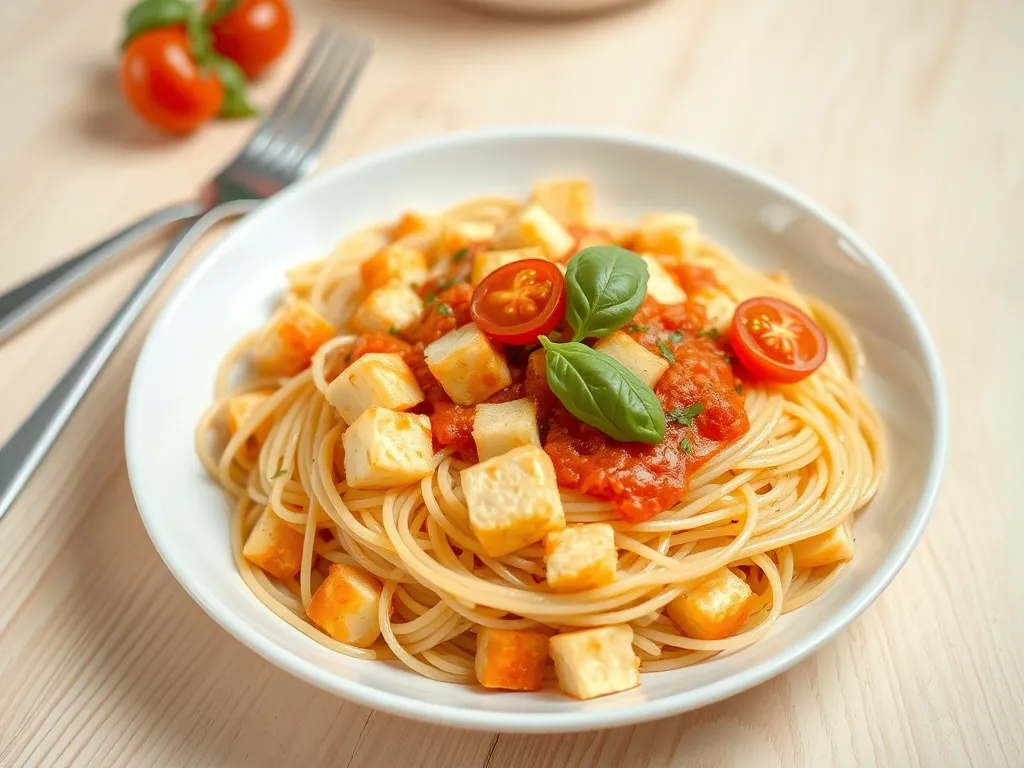 Talerz spaghetti z chrupiącym tofu w sosie pomidorowym, udekorowany bazylią i pomidorkami koktajlowymi, gotowy do podania