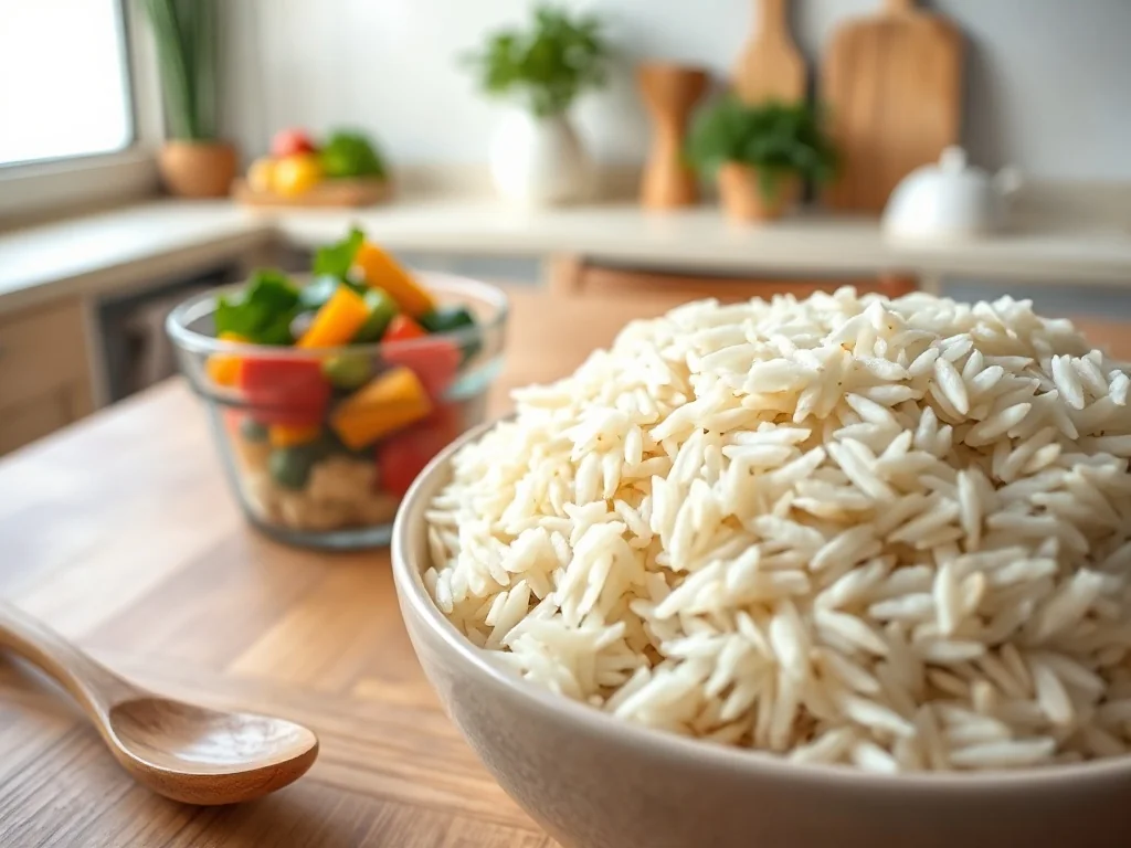 Miska ugotowanego ryżu basmati z widocznymi długimi ziarnami obok miseczki warzyw, na drewnianym stole w jasnej kuchni