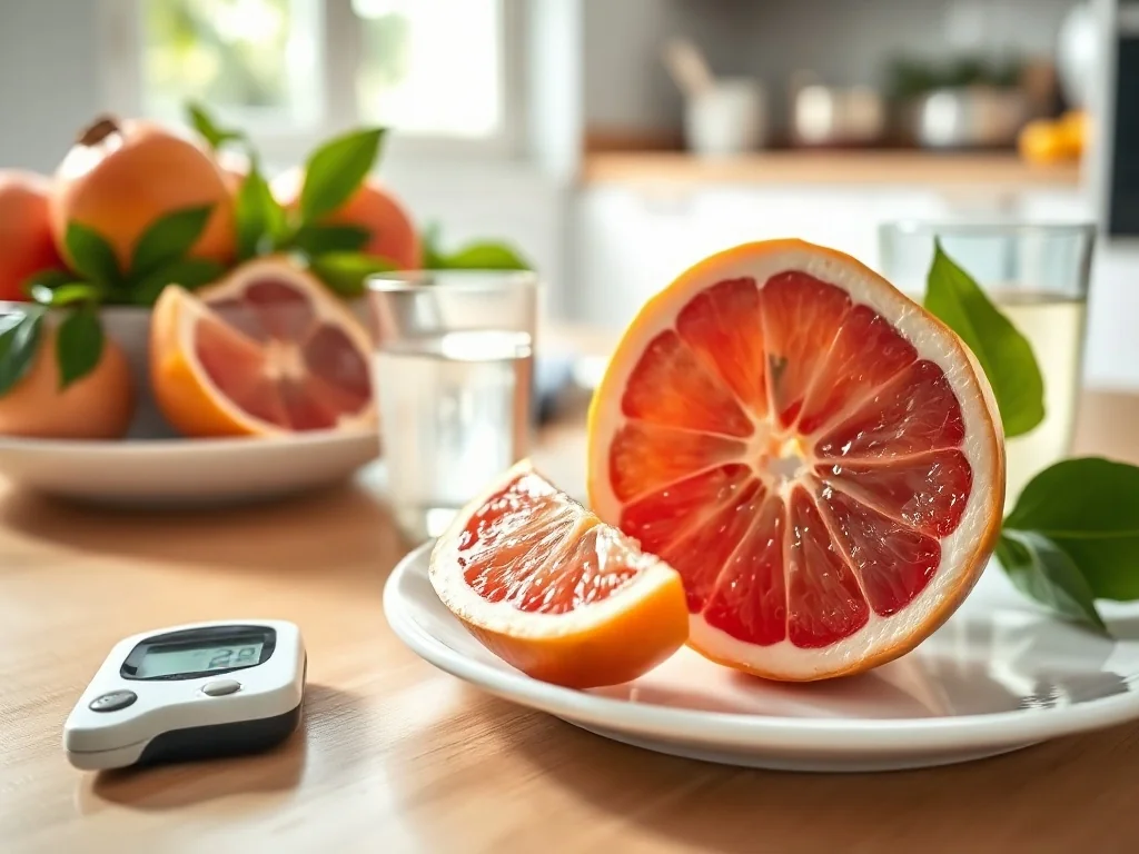 Połówka pomelo na talerzu obok glukometru i szklanki wody, w tle miska z owocami – nawiązanie do diety diabetyka.