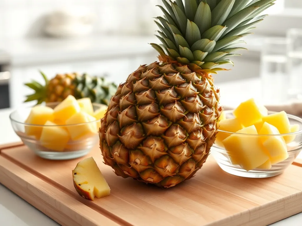 Świeży ananas przekrojony na pół i kostki ananasa w miseczce, sugerujące zdrową przekąskę dla osób z cukrzycą.