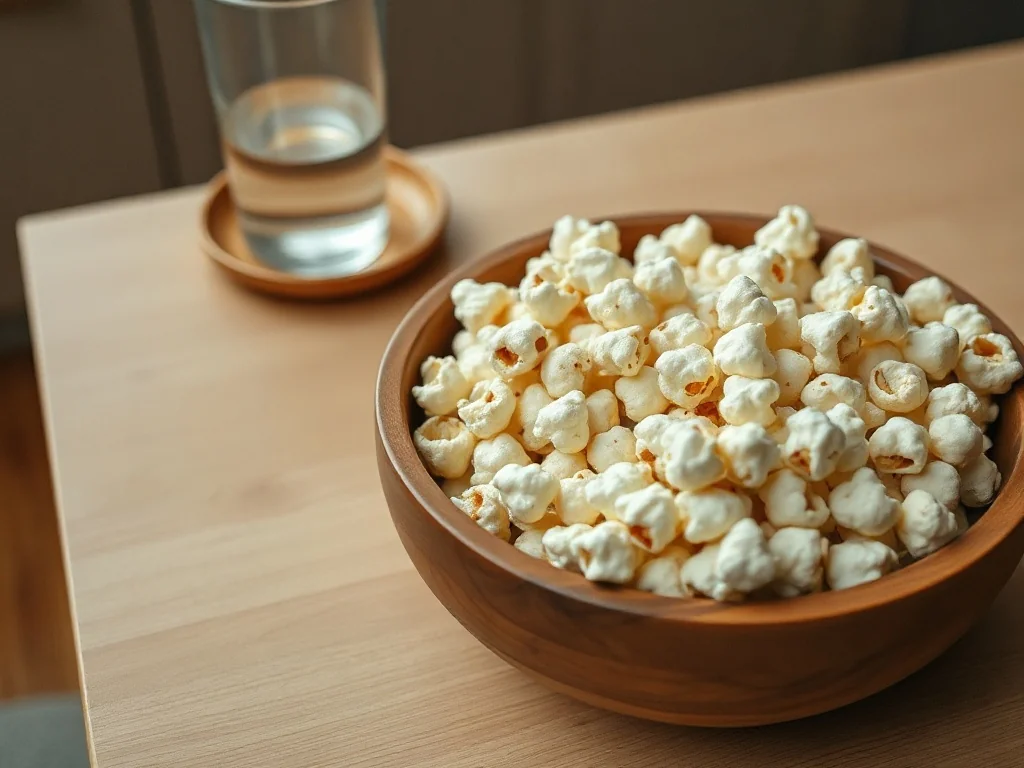 Miska świeżo przygotowanego, lekko solonego popcornu na kuchennym stole, sugerująca lekką, domową przekąskę.