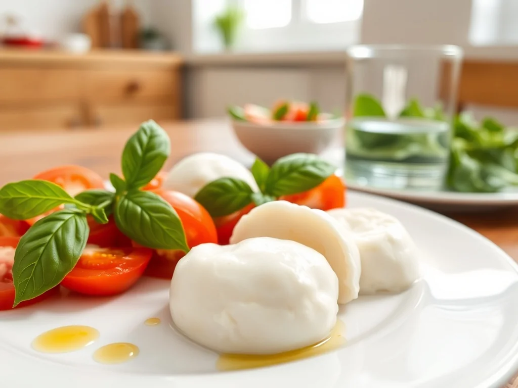 Świeża mozzarella z pomidorami i bazylią, delikatnie skropiona oliwą, jako propozycja posiłku odpowiedniego dla diabetyków.
